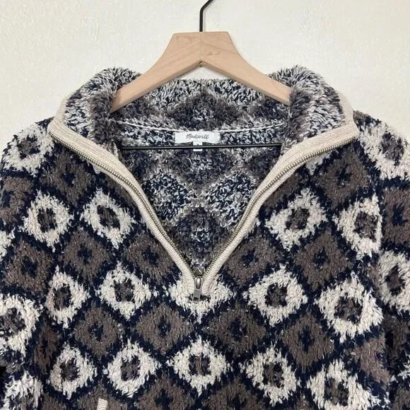 Madewell Popover Sweater Fuzzy Teddy Bear Style Fleece 1/4 Zip Diamond Print M - Picture 4 of 15